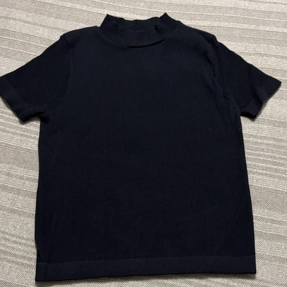 Women’s Small Black High Neck Short Sleeve Top Shirt Ribbed Casual Everyday
